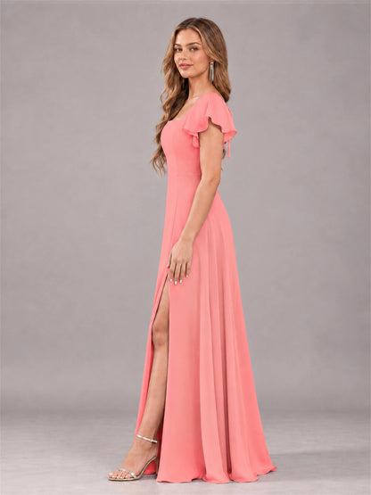 Coral Modern Square Neck Cap Sleeves Lace Up Chiffon Bridesmaid Dress