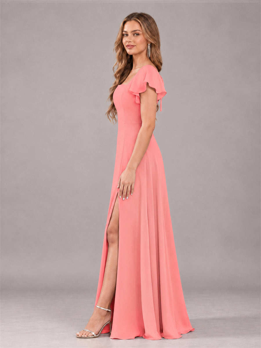 Coral Modern Square Neck Cap Sleeves Lace Up Chiffon Bridesmaid Dress