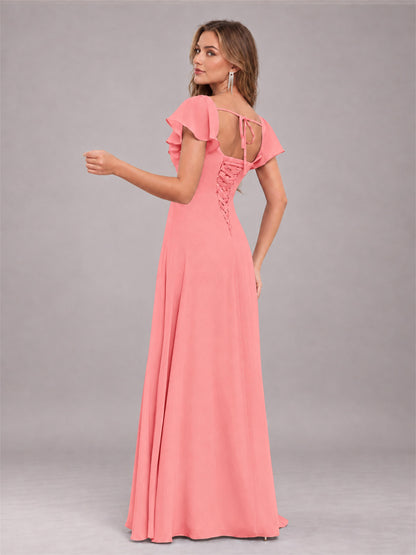 Coral Modern Square Neck Cap Sleeves Lace Up Chiffon Bridesmaid Dress