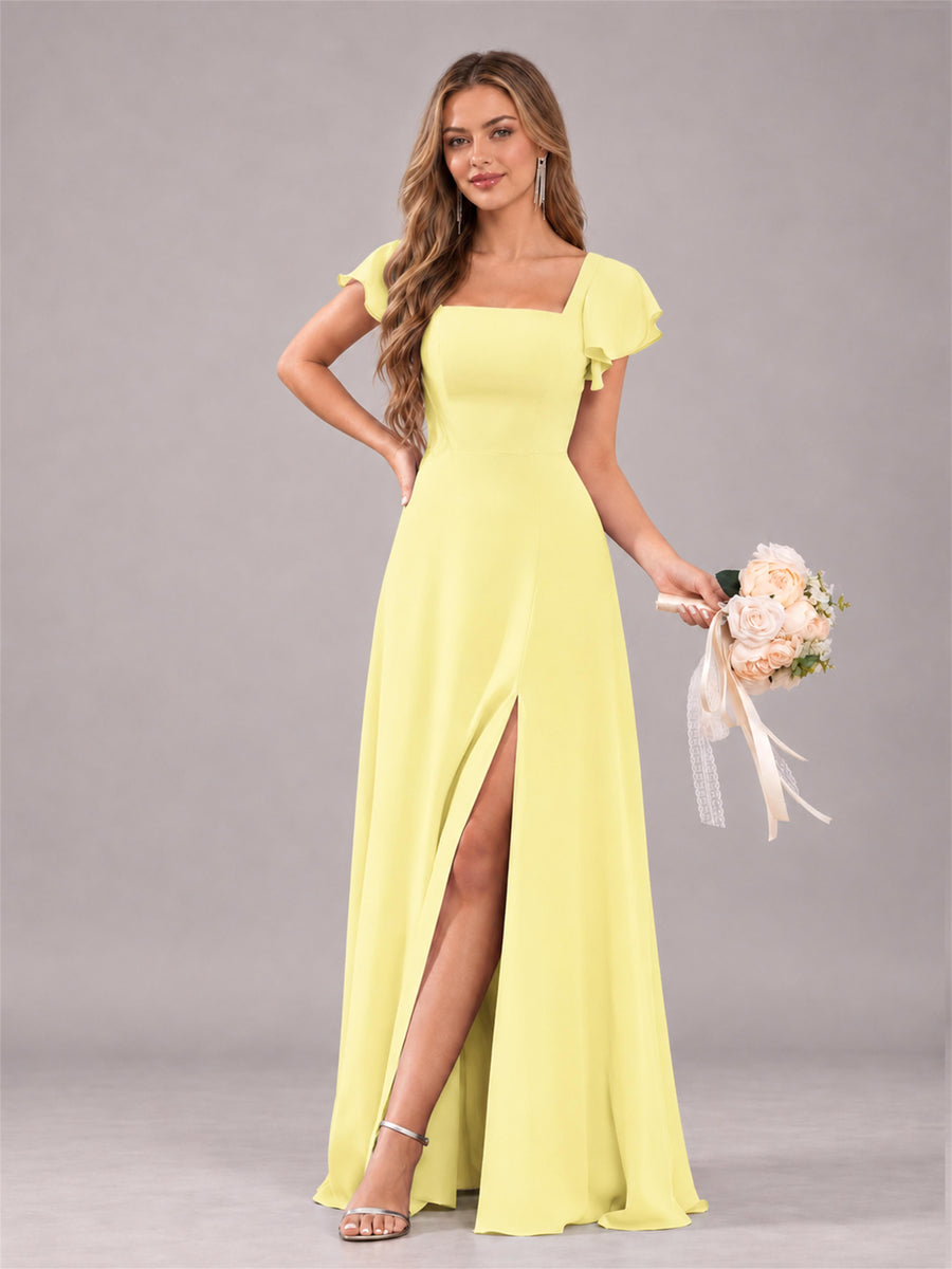 Daffodil Modern Square Neck Cap Sleeves Lace Up Chiffon Bridesmaid Dress