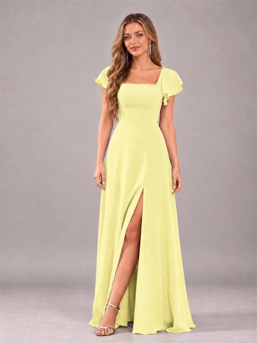 Daffodil Modern Square Neck Cap Sleeves Lace Up Chiffon Bridesmaid Dress