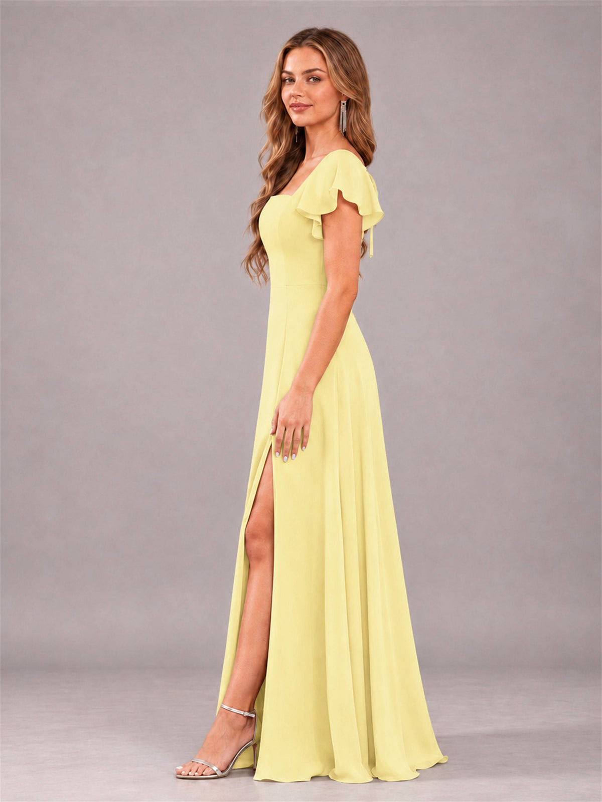 Daffodil Modern Square Neck Cap Sleeves Lace Up Chiffon Bridesmaid Dress