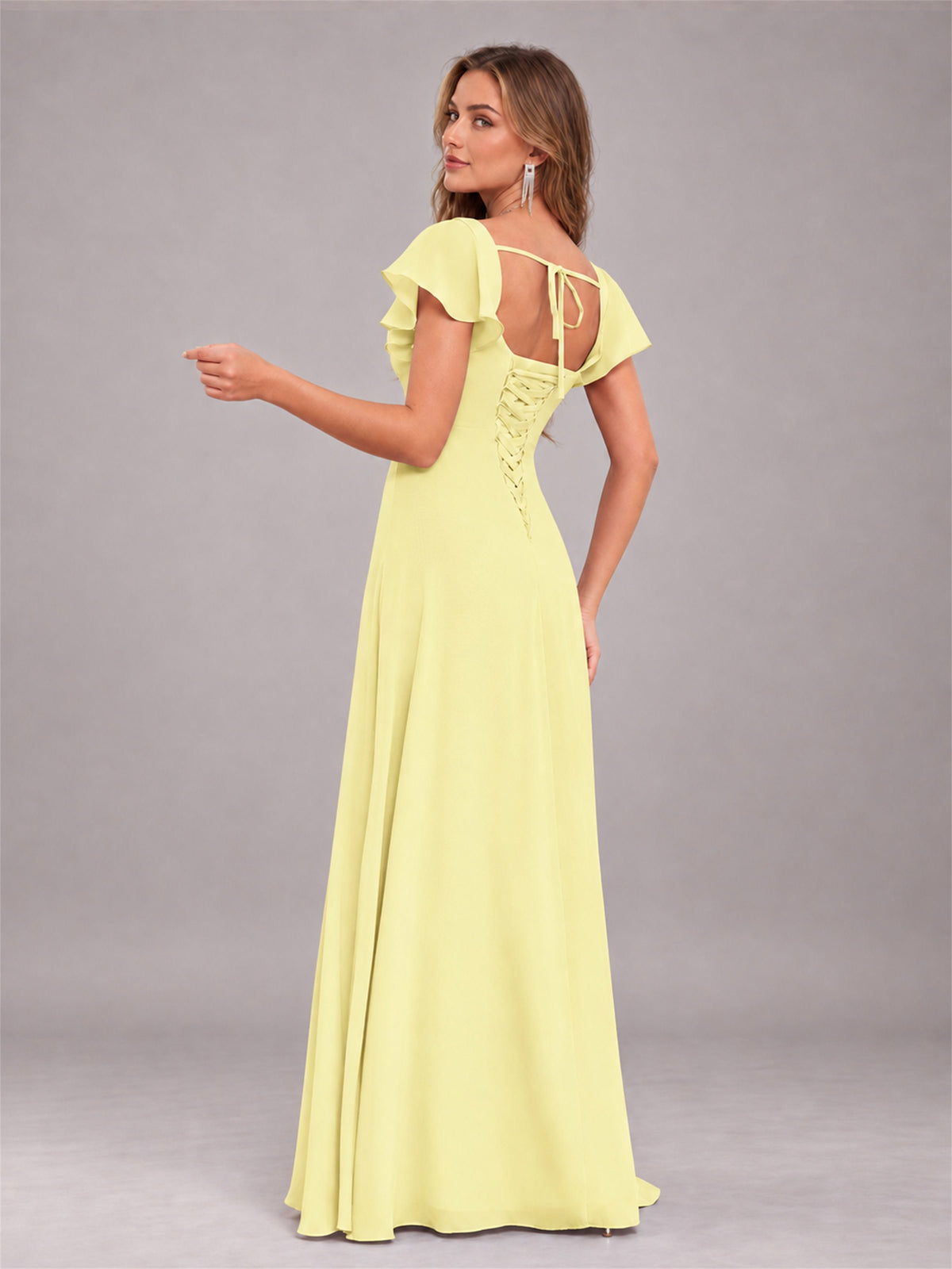 Daffodil Modern Square Neck Cap Sleeves Lace Up Chiffon Bridesmaid Dress