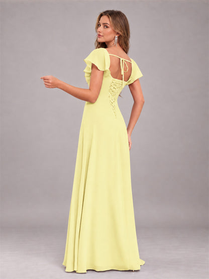 Daffodil Modern Square Neck Cap Sleeves Lace Up Chiffon Bridesmaid Dress