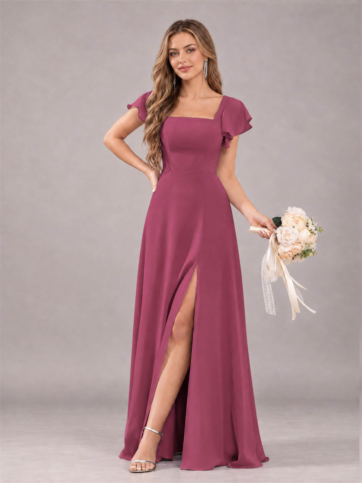 Desert Rose Modern Square Neck Cap Sleeves Lace Up Chiffon Bridesmaid Dress
