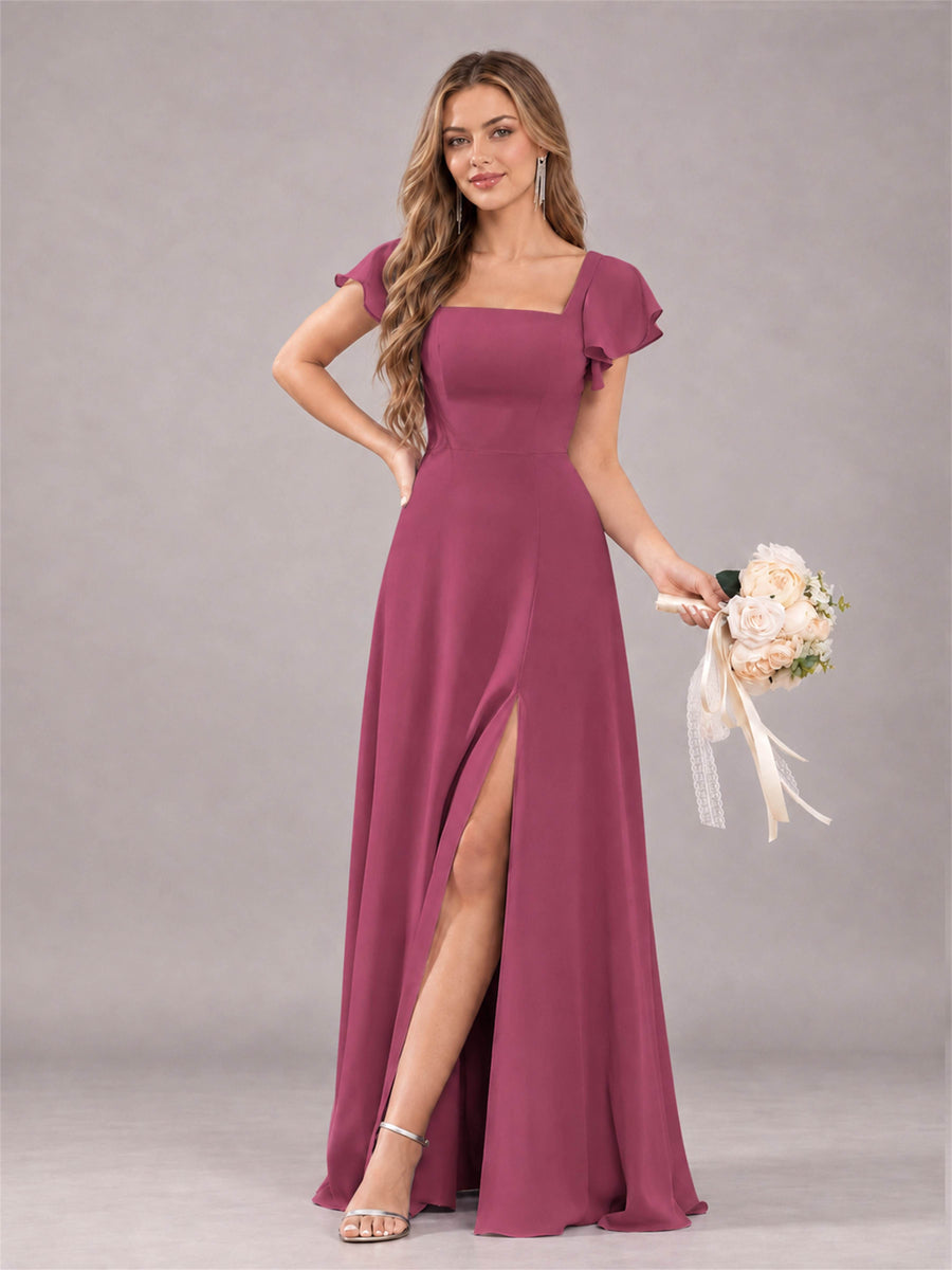 Desert Rose Modern Square Neck Cap Sleeves Lace Up Chiffon Bridesmaid Dress