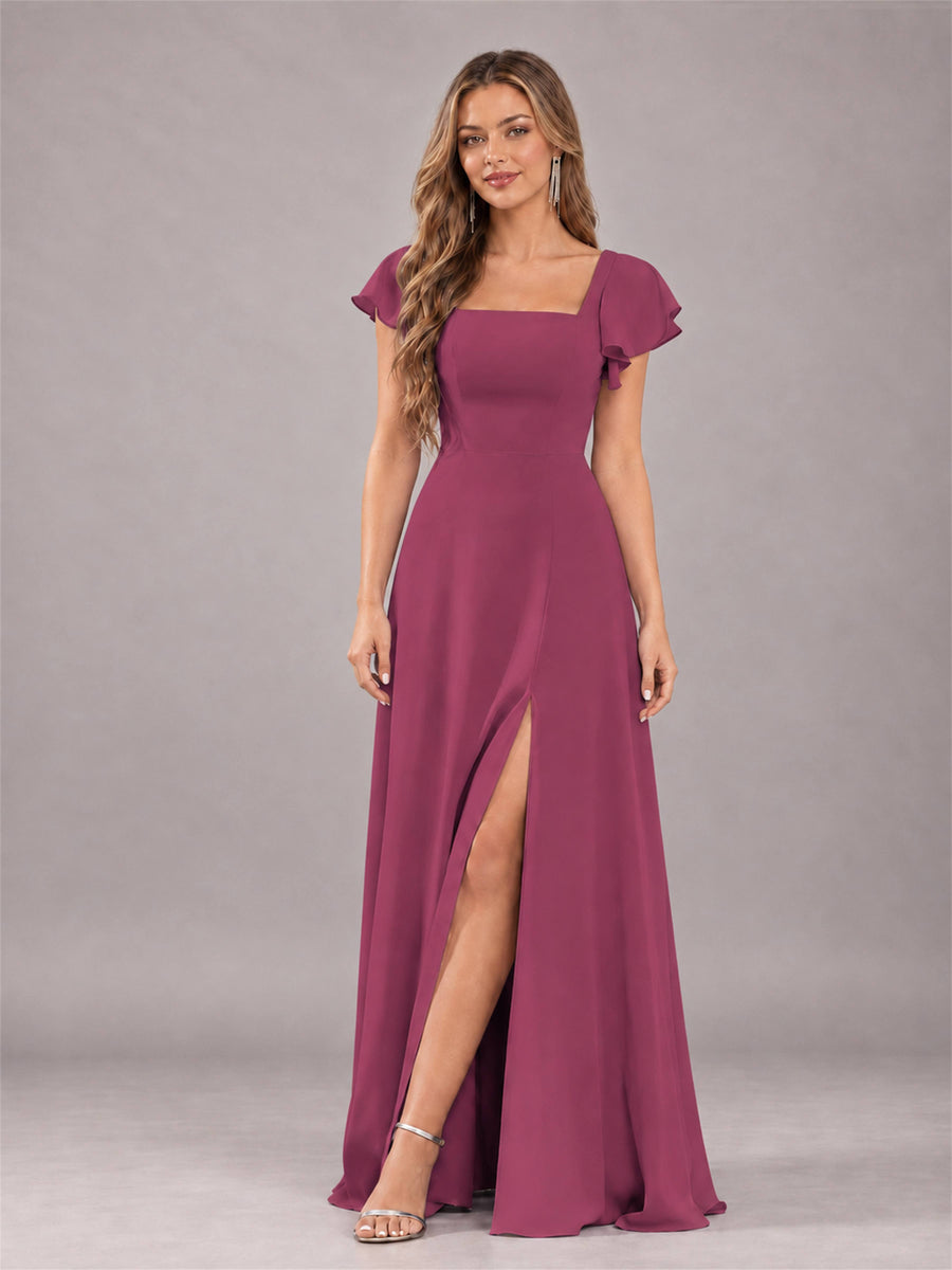 Desert Rose Modern Square Neck Cap Sleeves Lace Up Chiffon Bridesmaid Dress