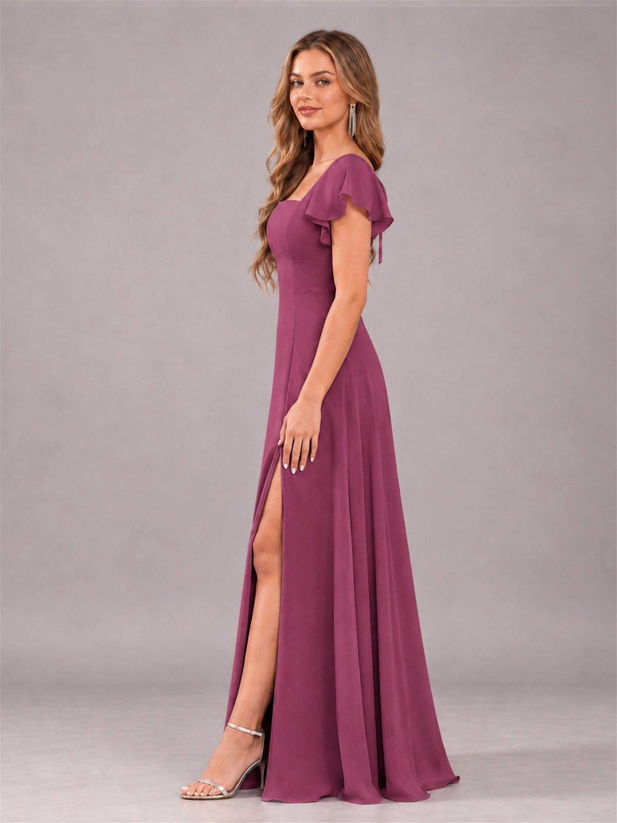 Desert Rose Modern Square Neck Cap Sleeves Lace Up Chiffon Bridesmaid Dress