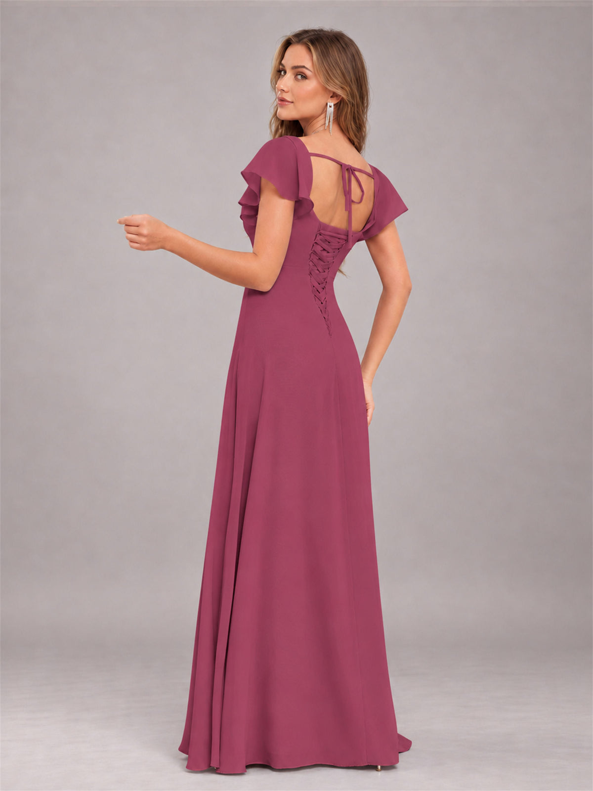 Desert Rose Modern Square Neck Cap Sleeves Lace Up Chiffon Bridesmaid Dress