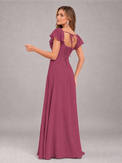 Desert Rose Modern Square Neck Cap Sleeves Lace Up Chiffon Bridesmaid Dress
