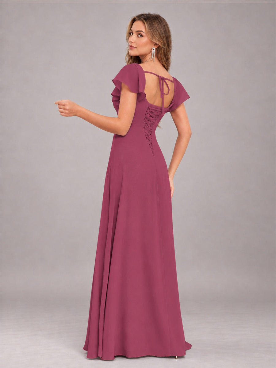 Desert Rose Modern Square Neck Cap Sleeves Lace Up Chiffon Bridesmaid Dress