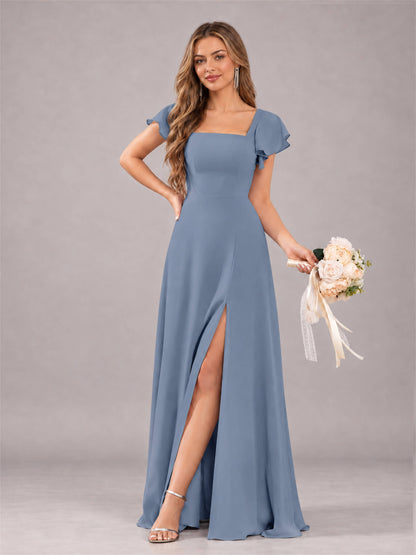 Dusty Blue Modern Square Neck Cap Sleeves Lace Up Chiffon Bridesmaid Dress