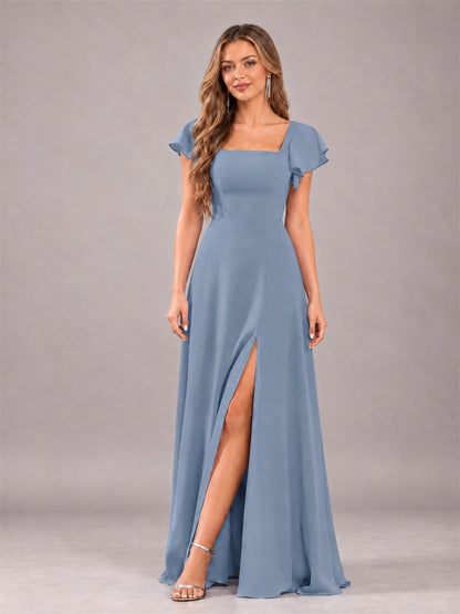 Dusty Blue Modern Square Neck Cap Sleeves Lace Up Chiffon Bridesmaid Dress