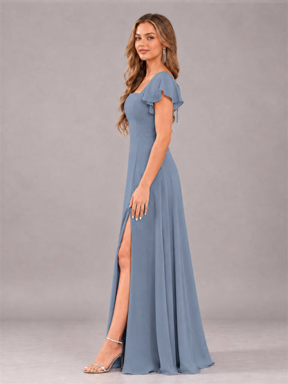 Dusty Blue Modern Square Neck Cap Sleeves Lace Up Chiffon Bridesmaid Dress