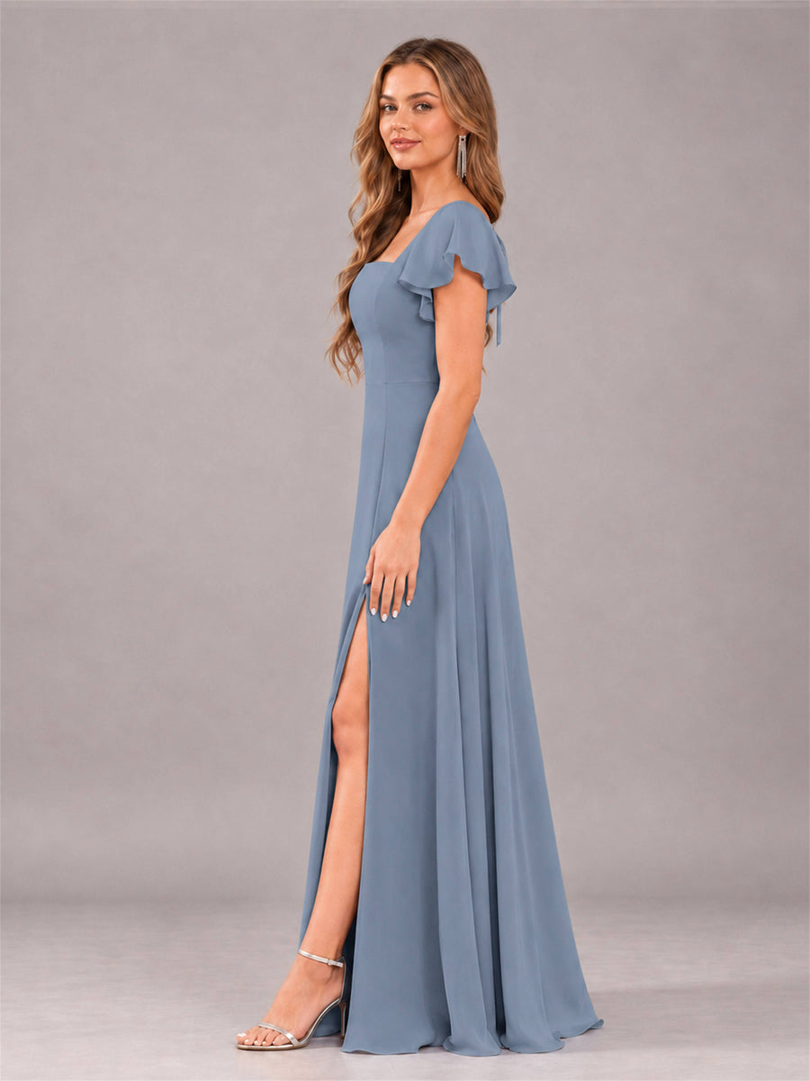 Dusty Blue Modern Square Neck Cap Sleeves Lace Up Chiffon Bridesmaid Dress