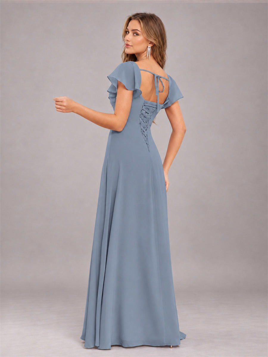 Dusty Blue Modern Square Neck Cap Sleeves Lace Up Chiffon Bridesmaid Dress