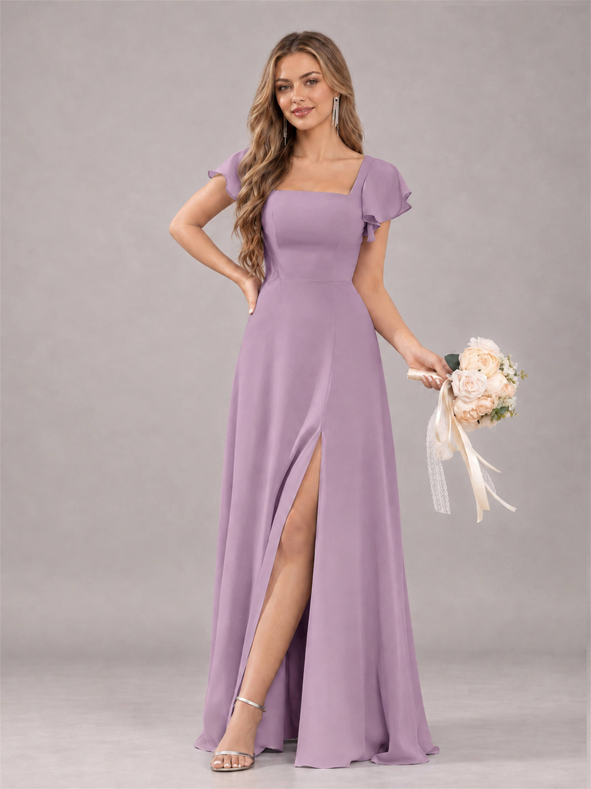 Dusty Purple Modern Square Neck Cap Sleeves Lace Up Chiffon Bridesmaid Dress