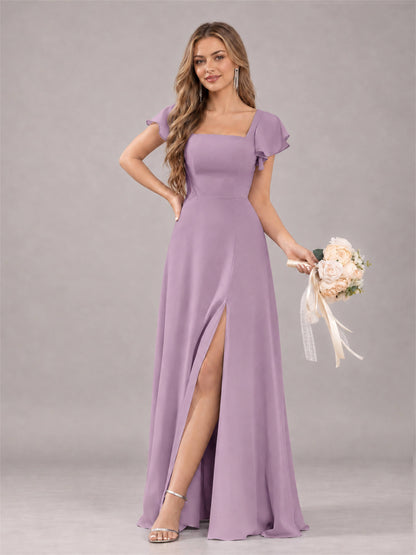 Dusty Purple Modern Square Neck Cap Sleeves Lace Up Chiffon Bridesmaid Dress