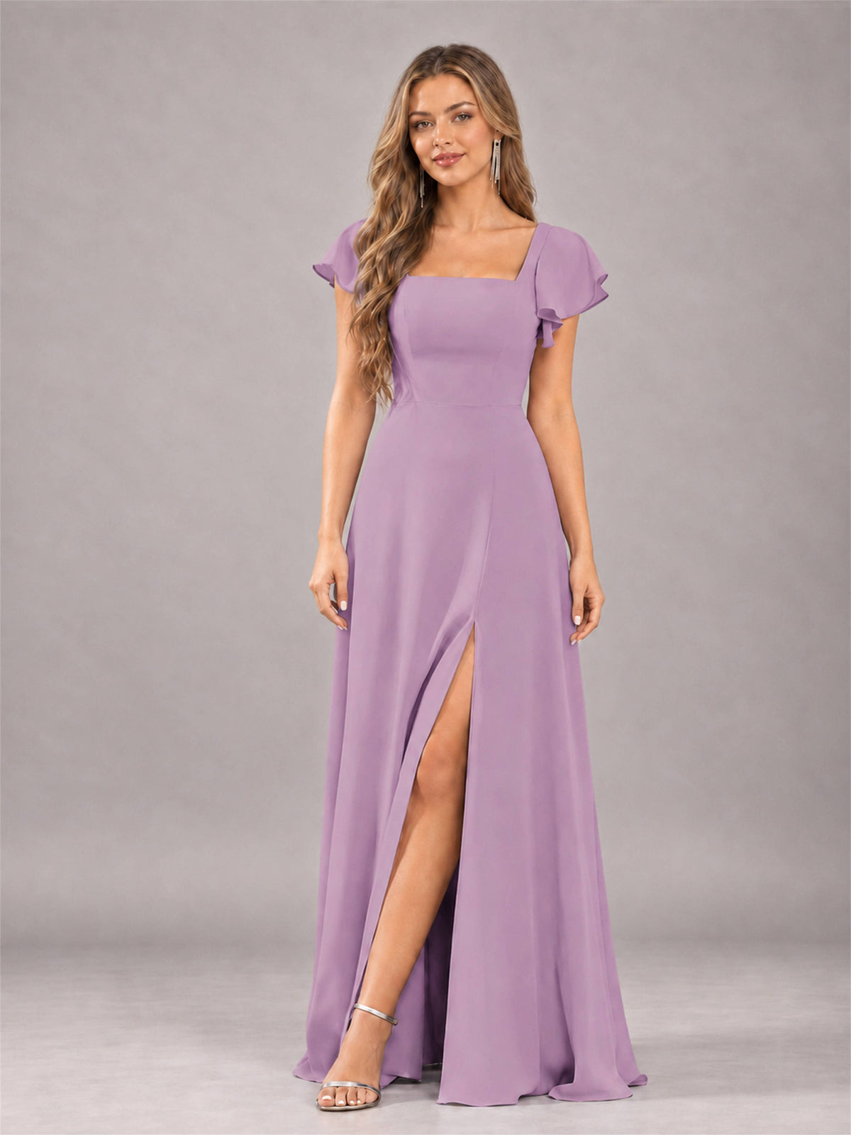Dusty Purple Modern Square Neck Cap Sleeves Lace Up Chiffon Bridesmaid Dress