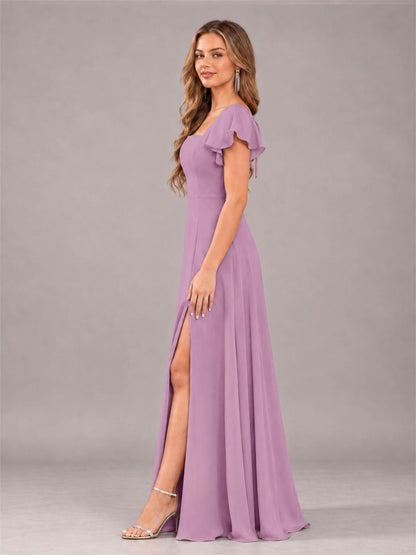 Dusty Purple Modern Square Neck Cap Sleeves Lace Up Chiffon Bridesmaid Dress