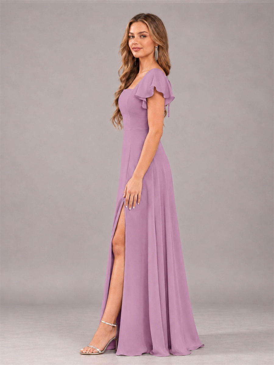Dusty Purple Modern Square Neck Cap Sleeves Lace Up Chiffon Bridesmaid Dress