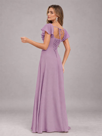 Dusty Purple Modern Square Neck Cap Sleeves Lace Up Chiffon Bridesmaid Dress