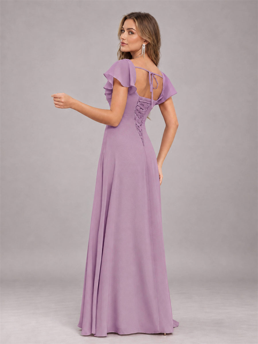 Dusty Purple Modern Square Neck Cap Sleeves Lace Up Chiffon Bridesmaid Dress