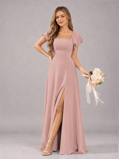 Dusty Rose Modern Square Neck Cap Sleeves Lace Up Chiffon Bridesmaid Dress