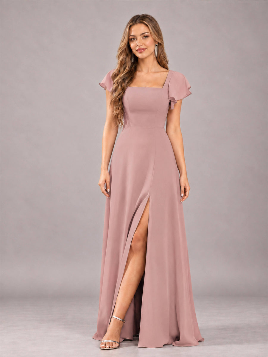 Dusty Rose Modern Square Neck Cap Sleeves Lace Up Chiffon Bridesmaid Dress