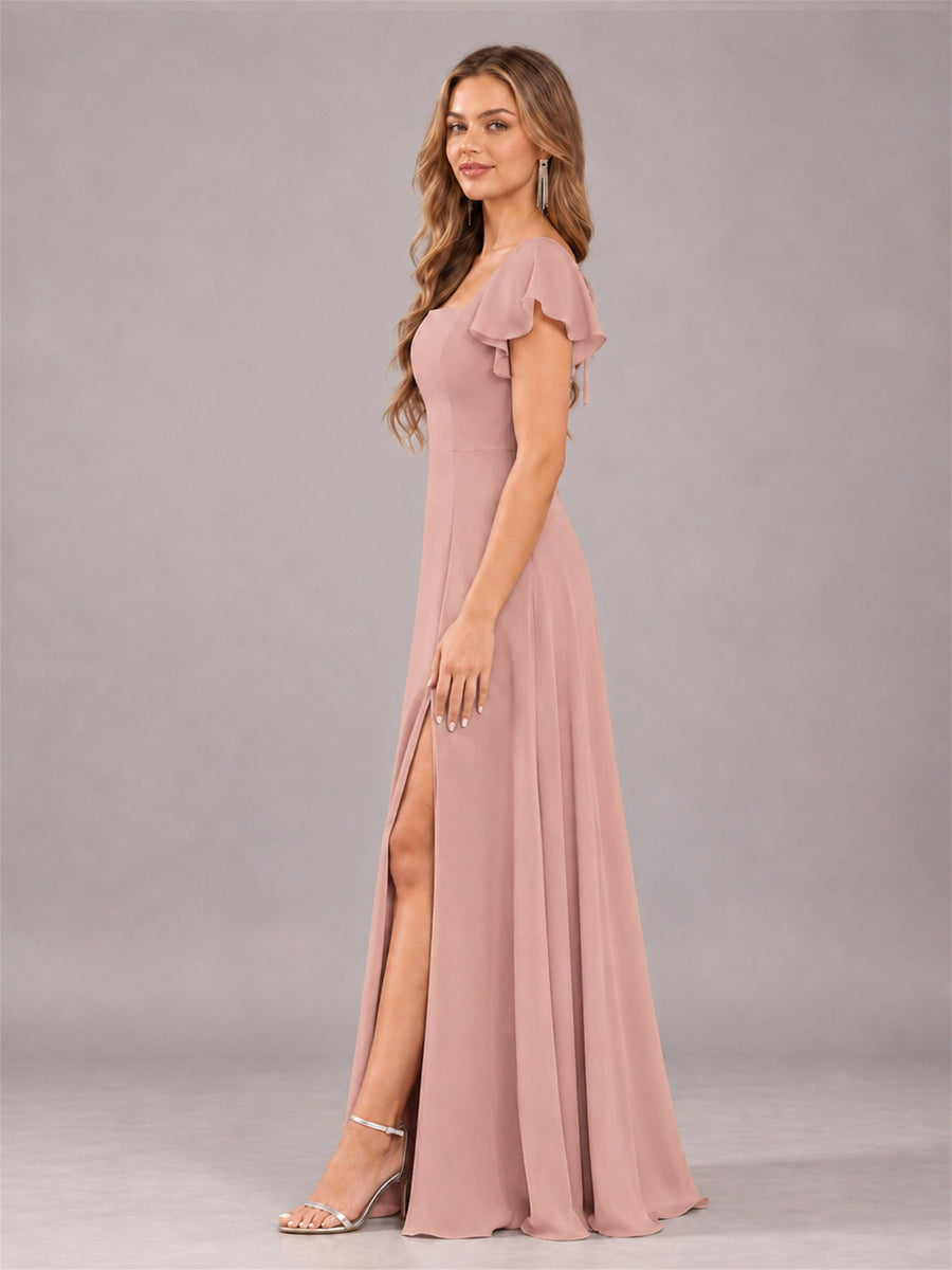 Dusty Rose Modern Square Neck Cap Sleeves Lace Up Chiffon Bridesmaid Dress