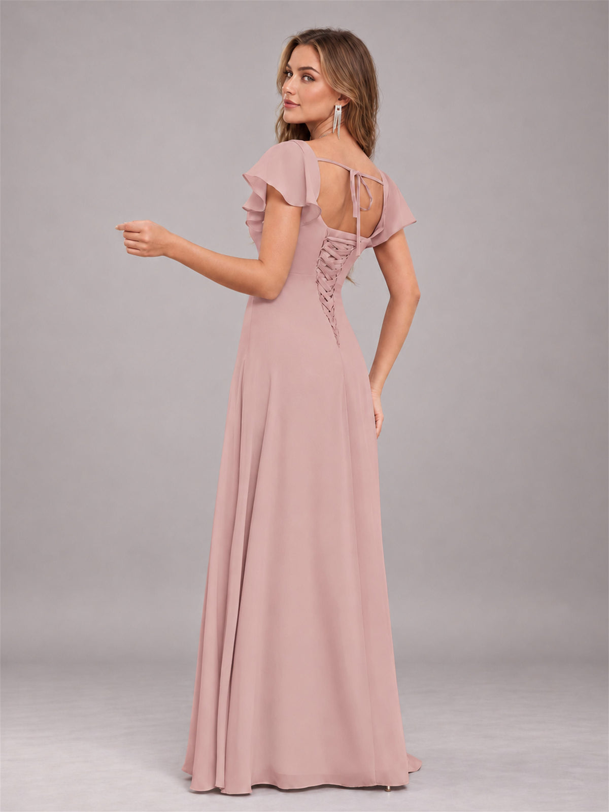 Dusty Rose Modern Square Neck Cap Sleeves Lace Up Chiffon Bridesmaid Dress