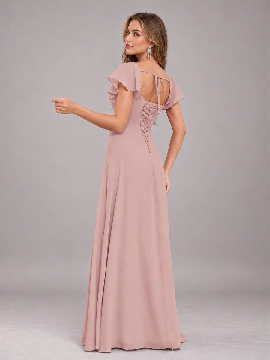 Dusty Rose Modern Square Neck Cap Sleeves Lace Up Chiffon Bridesmaid Dress