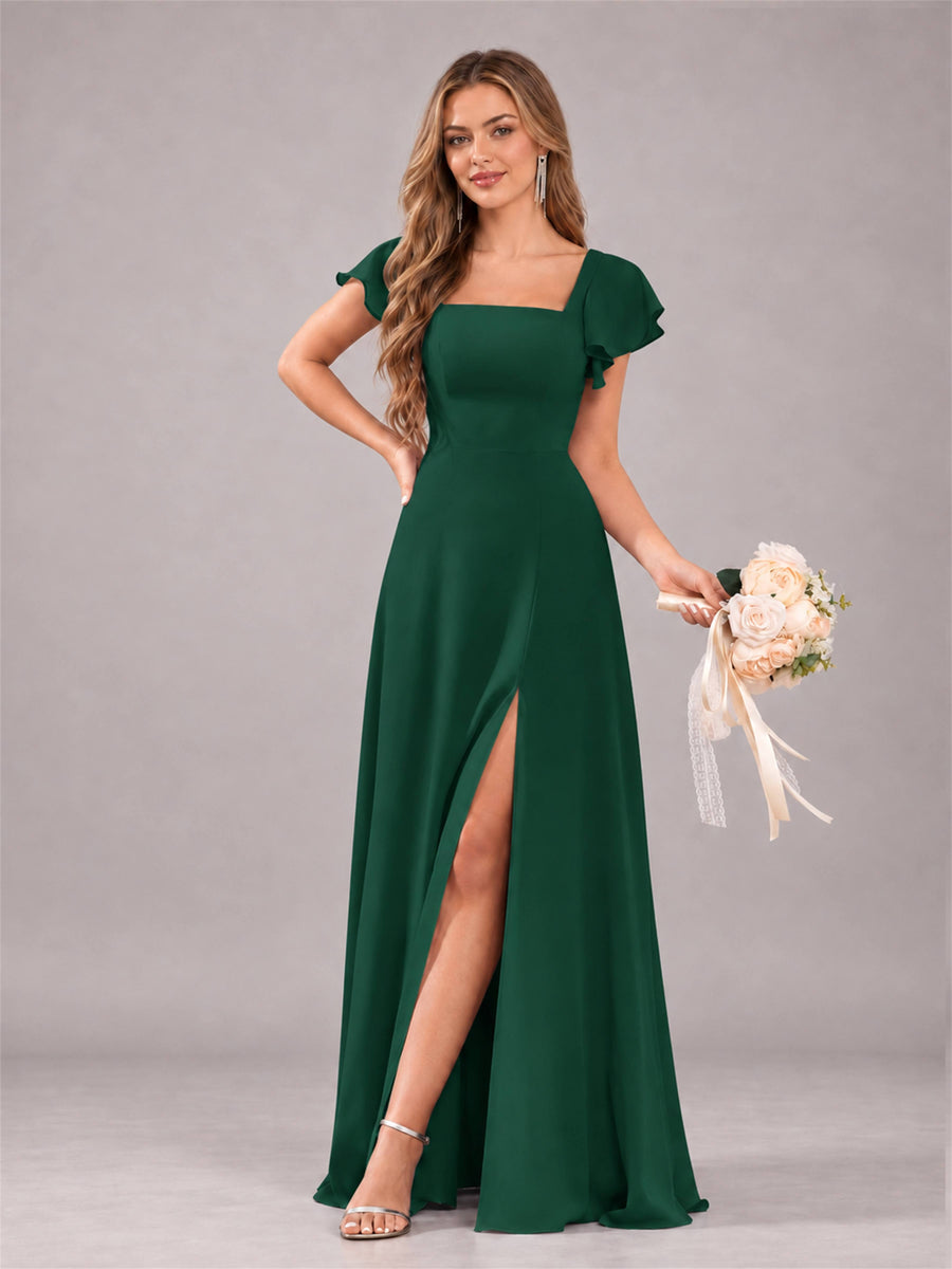 Emerald Green Modern Square Neck Cap Sleeves Lace Up Chiffon Bridesmaid Dress