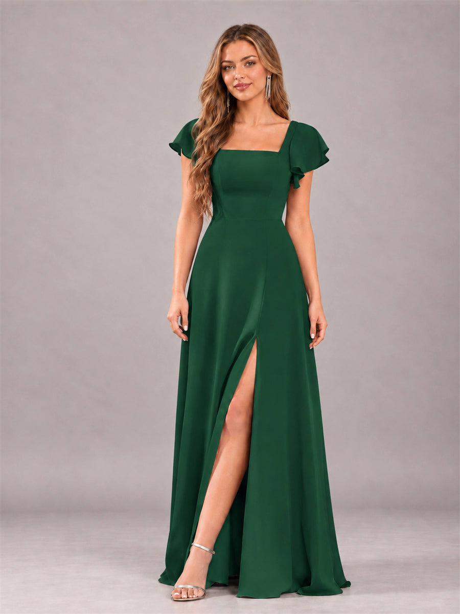 Emerald Green Modern Square Neck Cap Sleeves Lace Up Chiffon Bridesmaid Dress