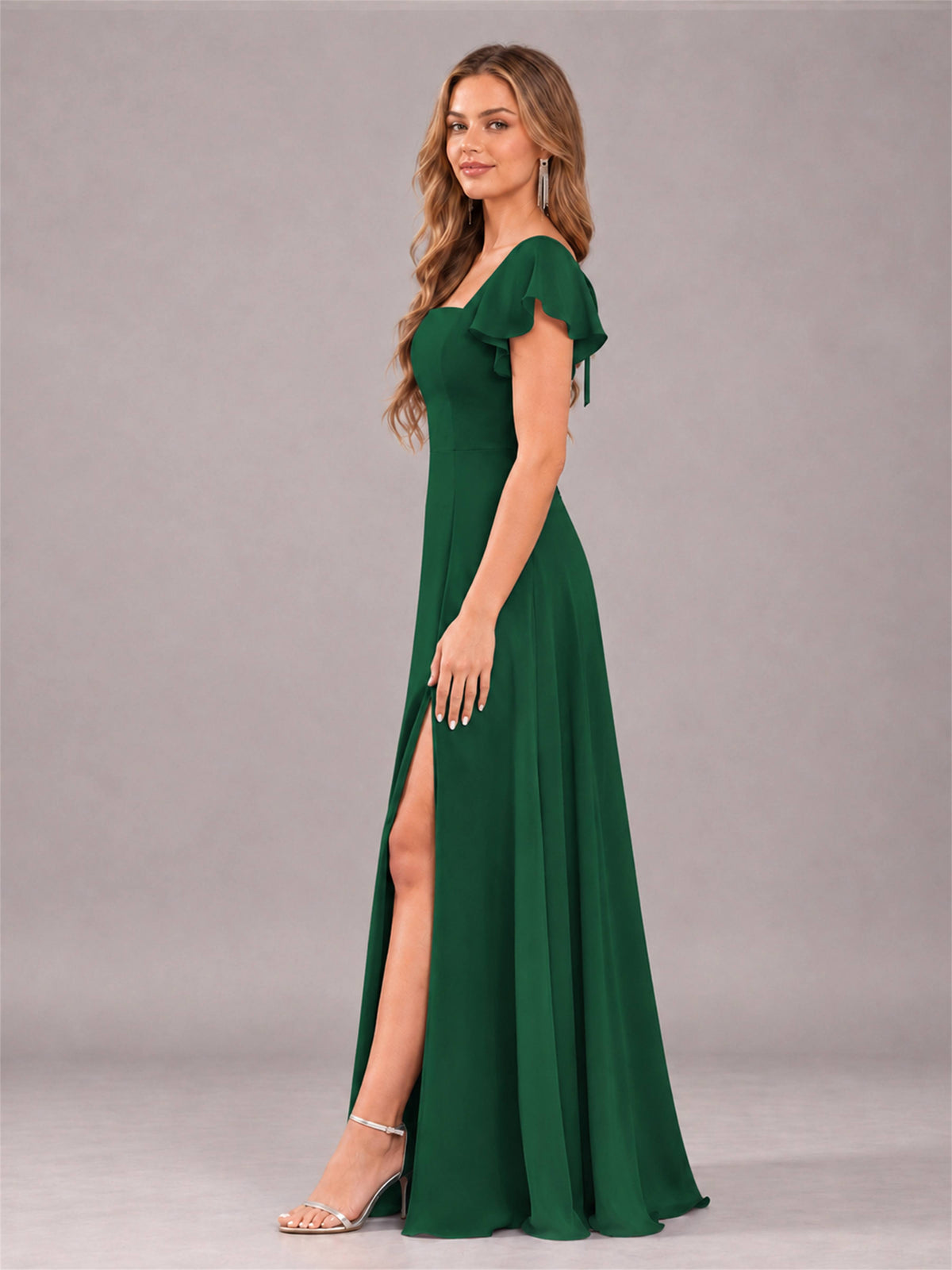Emerald Green Modern Square Neck Cap Sleeves Lace Up Chiffon Bridesmaid Dress
