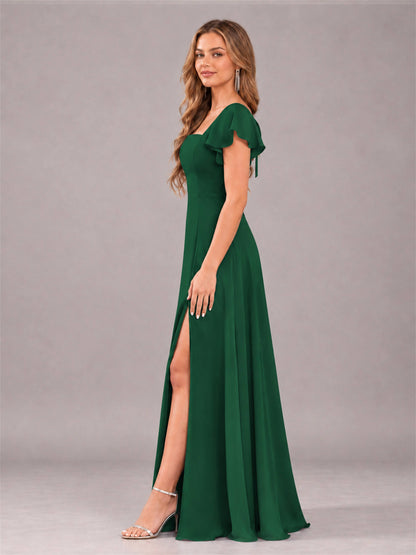 Emerald Green Modern Square Neck Cap Sleeves Lace Up Chiffon Bridesmaid Dress