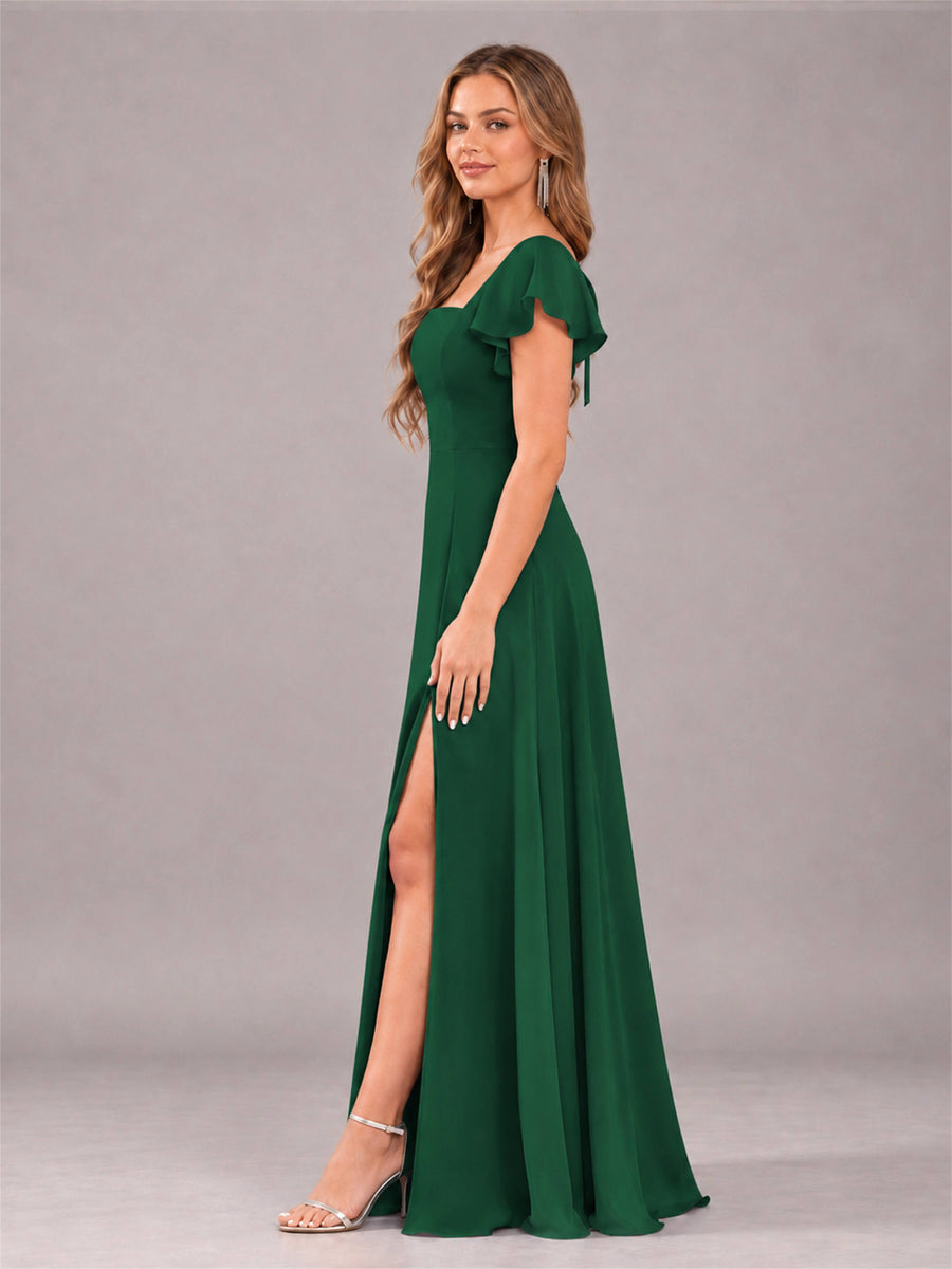 Emerald Green Modern Square Neck Cap Sleeves Lace Up Chiffon Bridesmaid Dress