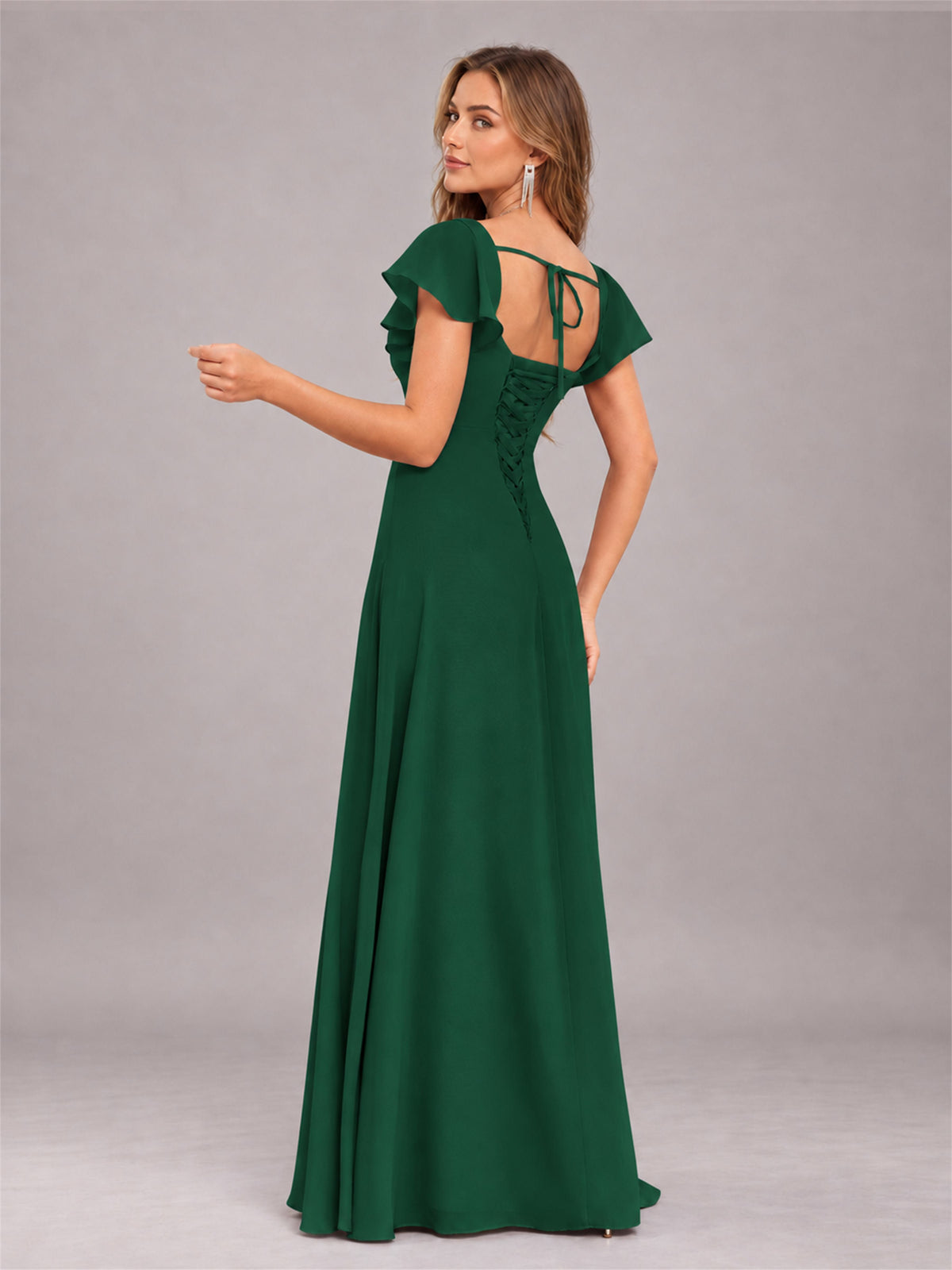 Emerald Green Modern Square Neck Cap Sleeves Lace Up Chiffon Bridesmaid Dress
