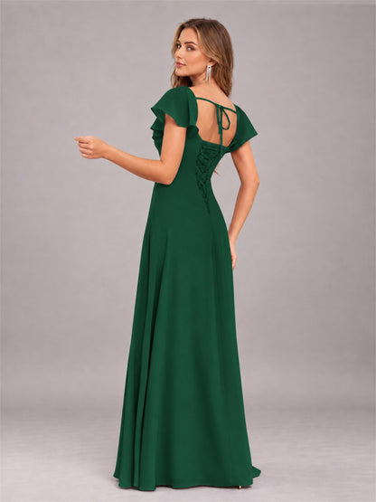 Emerald Green Modern Square Neck Cap Sleeves Lace Up Chiffon Bridesmaid Dress