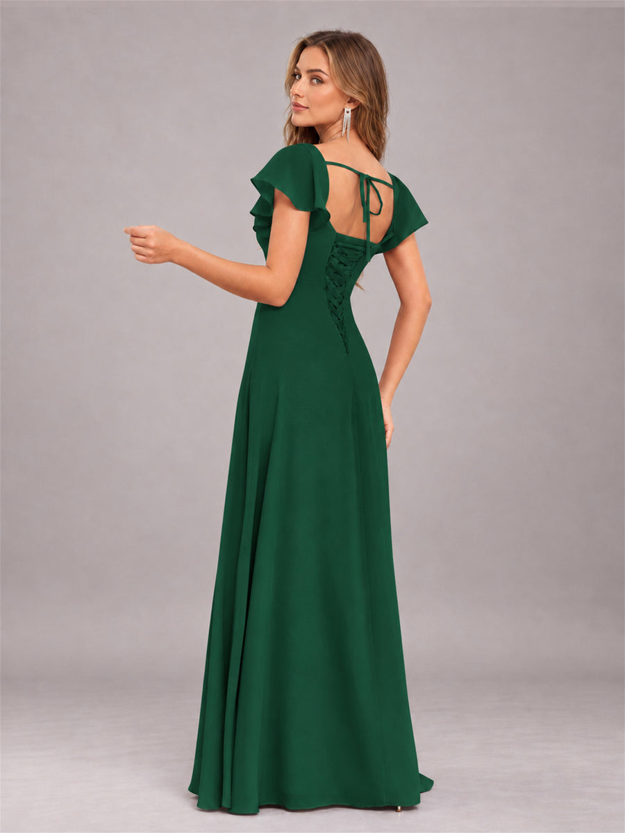 Emerald Green Modern Square Neck Cap Sleeves Lace Up Chiffon Bridesmaid Dress