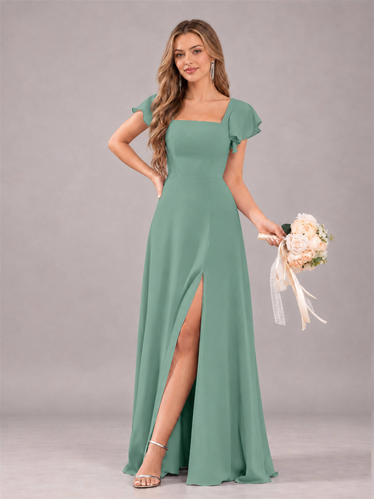 Eucalyptus Modern Square Neck Cap Sleeves Lace Up Chiffon Bridesmaid Dress