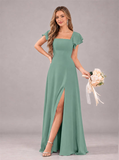 Eucalyptus Modern Square Neck Cap Sleeves Lace Up Chiffon Bridesmaid Dress