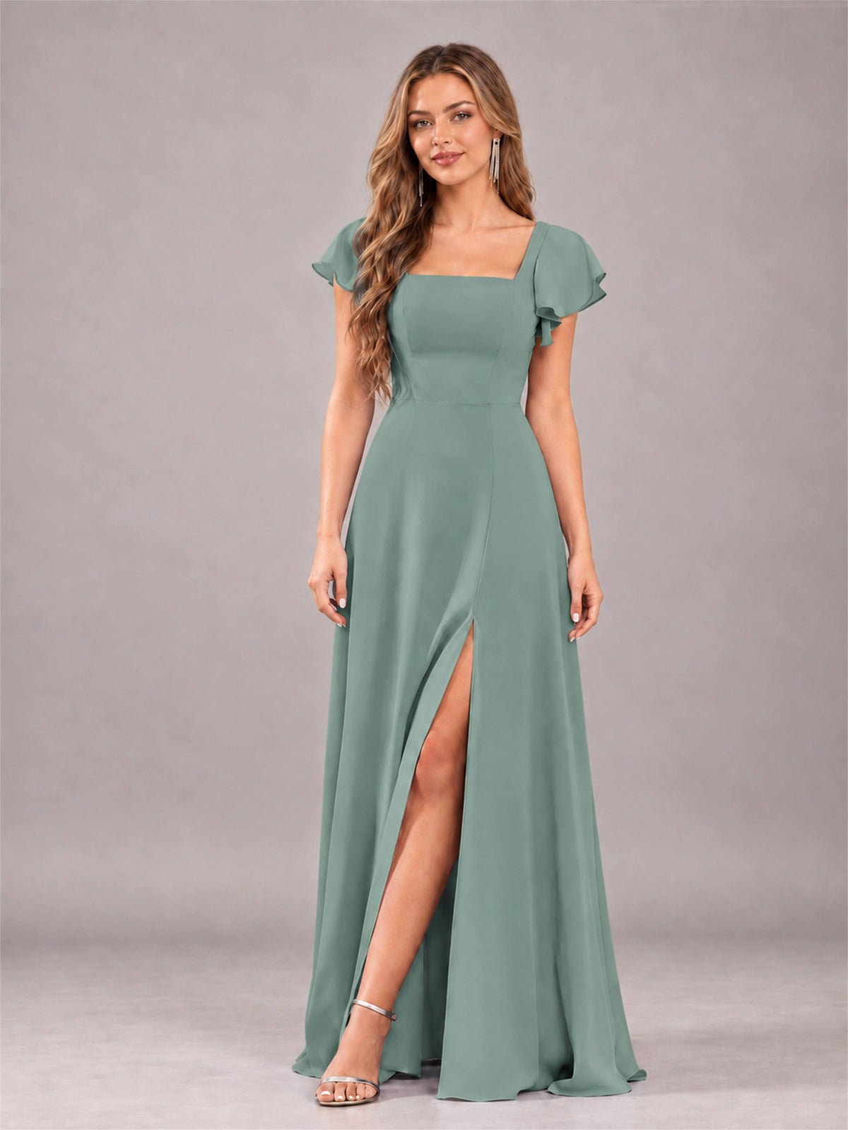 Eucalyptus Modern Square Neck Cap Sleeves Lace Up Chiffon Bridesmaid Dress