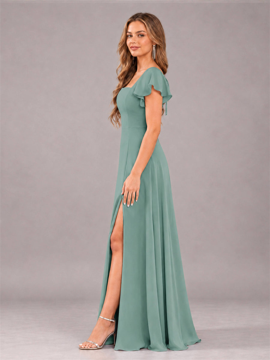 Eucalyptus Modern Square Neck Cap Sleeves Lace Up Chiffon Bridesmaid Dress