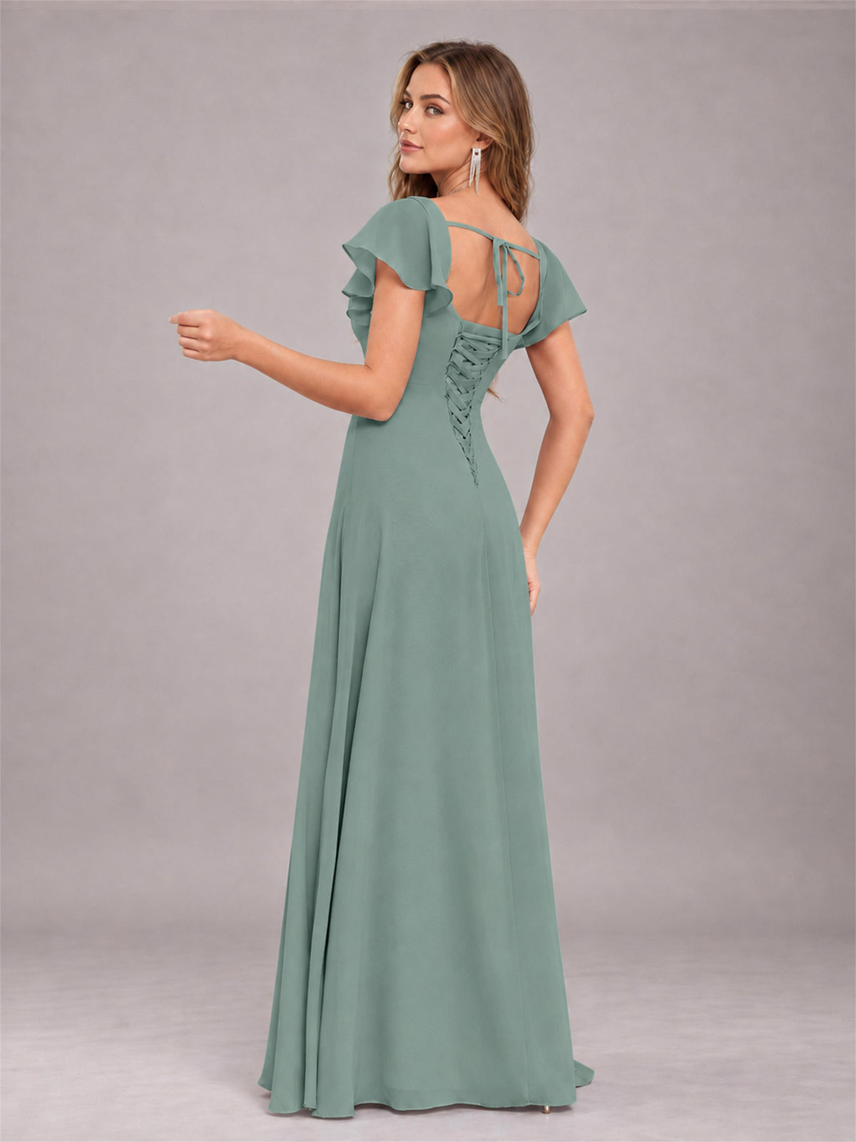 Eucalyptus Modern Square Neck Cap Sleeves Lace Up Chiffon Bridesmaid Dress