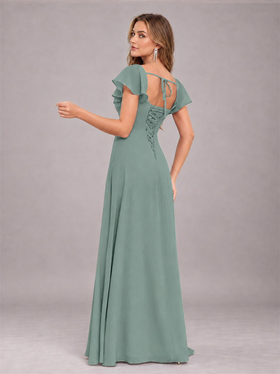 Eucalyptus Modern Square Neck Cap Sleeves Lace Up Chiffon Bridesmaid Dress