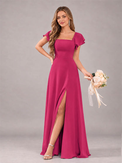 Fuchsia Modern Square Neck Cap Sleeves Lace Up Chiffon Bridesmaid Dress