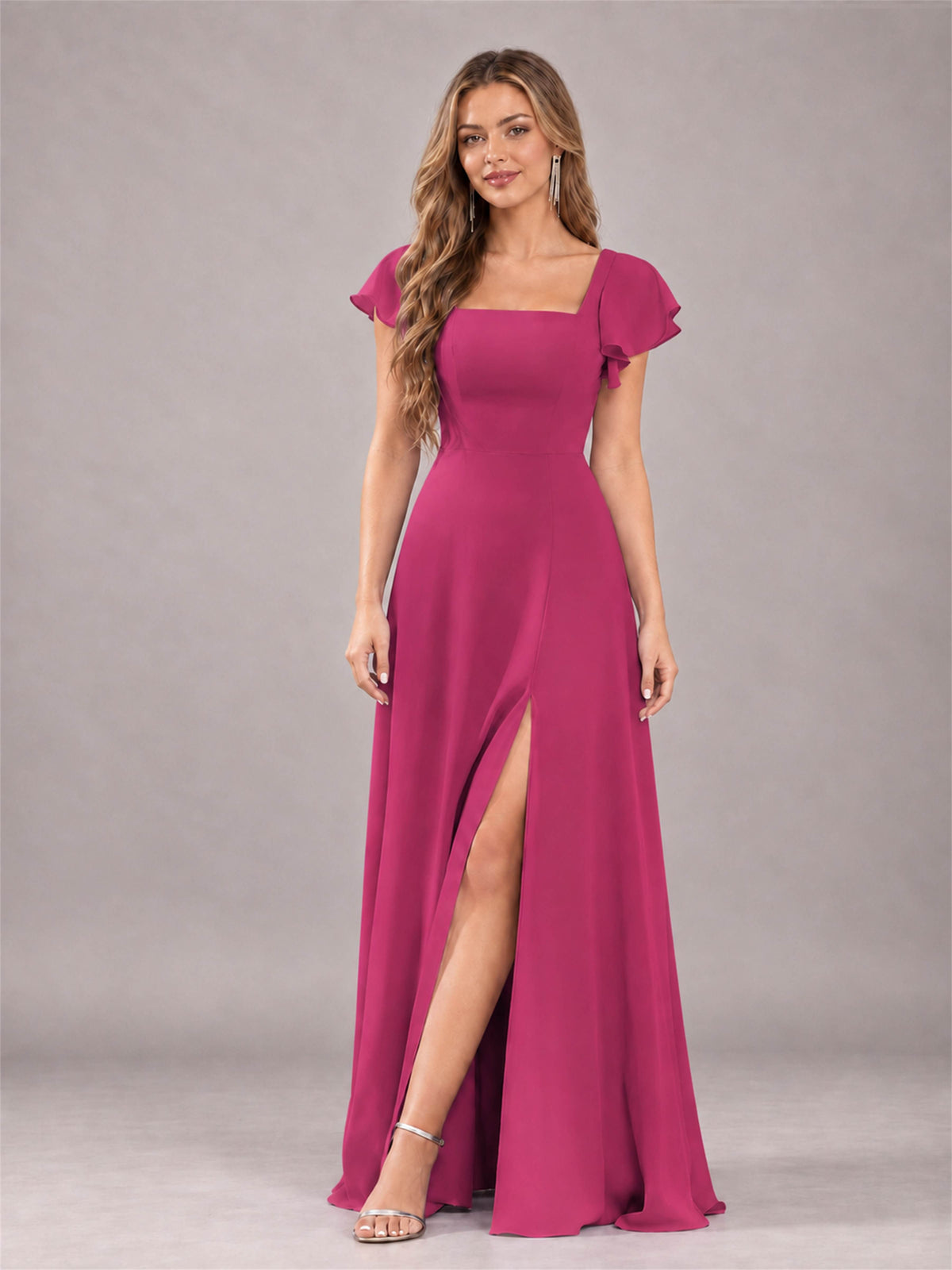Fuchsia Modern Square Neck Cap Sleeves Lace Up Chiffon Bridesmaid Dress