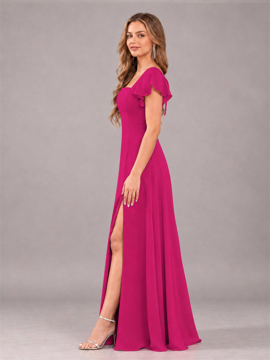 Fuchsia Modern Square Neck Cap Sleeves Lace Up Chiffon Bridesmaid Dress
