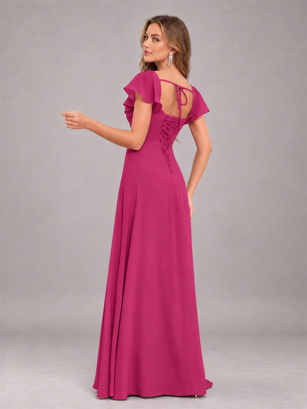 Fuchsia Modern Square Neck Cap Sleeves Lace Up Chiffon Bridesmaid Dress
